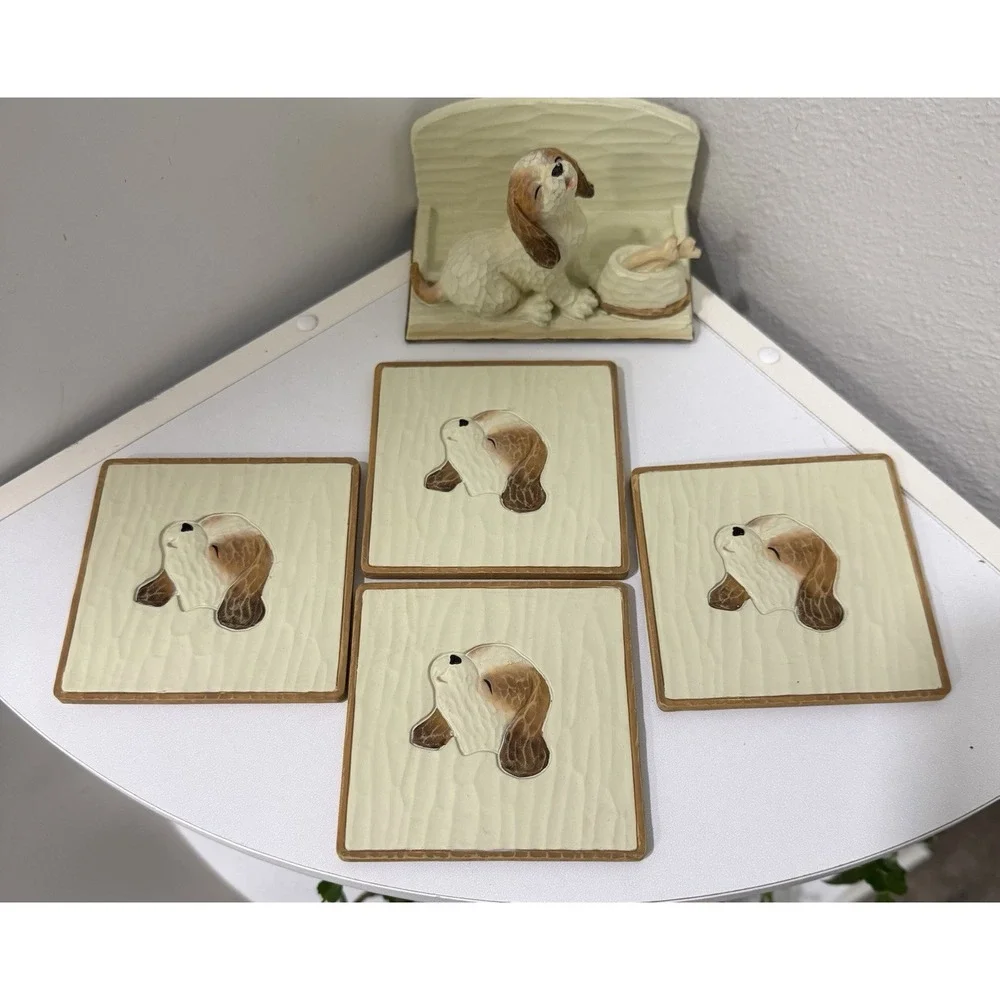 Vintage 4 Coaster Set with 3D Dog Puppy Holder Handpainted Carparatian